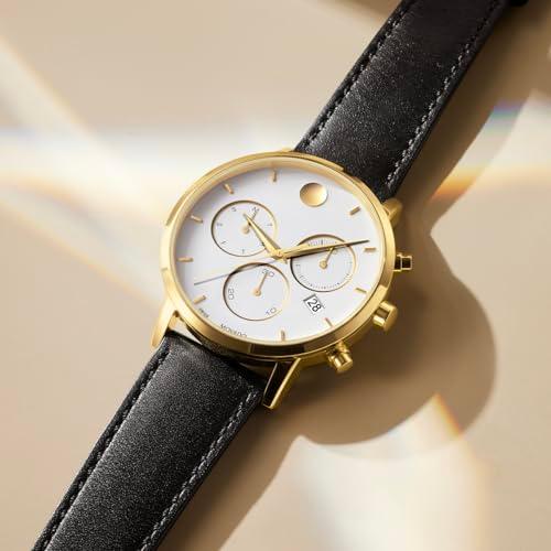 Reloj Movado Museum Classic para hombre - Movimiento de cronógrafo de cuarzo suizo, correa de piel de becerro - Resistencia al agua de 3 ATM - Reloj clásico de lujo y moda para él - 42 mm