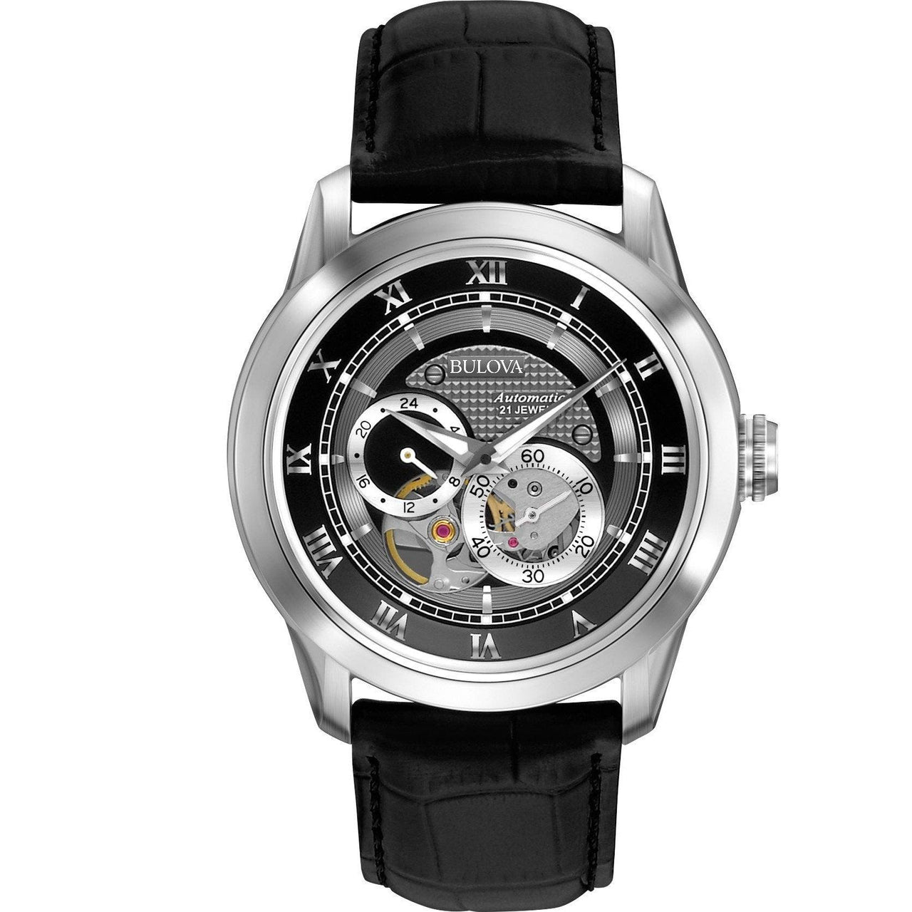 Bulova Men's Classic Sutton 4-Hand Automatic Watch, 24-Hour Sub Dial, Open Aperture, Self-Winding, Exhibition Caseback, Double Curved Mineral Crystal, Luminous Hands, 42mm