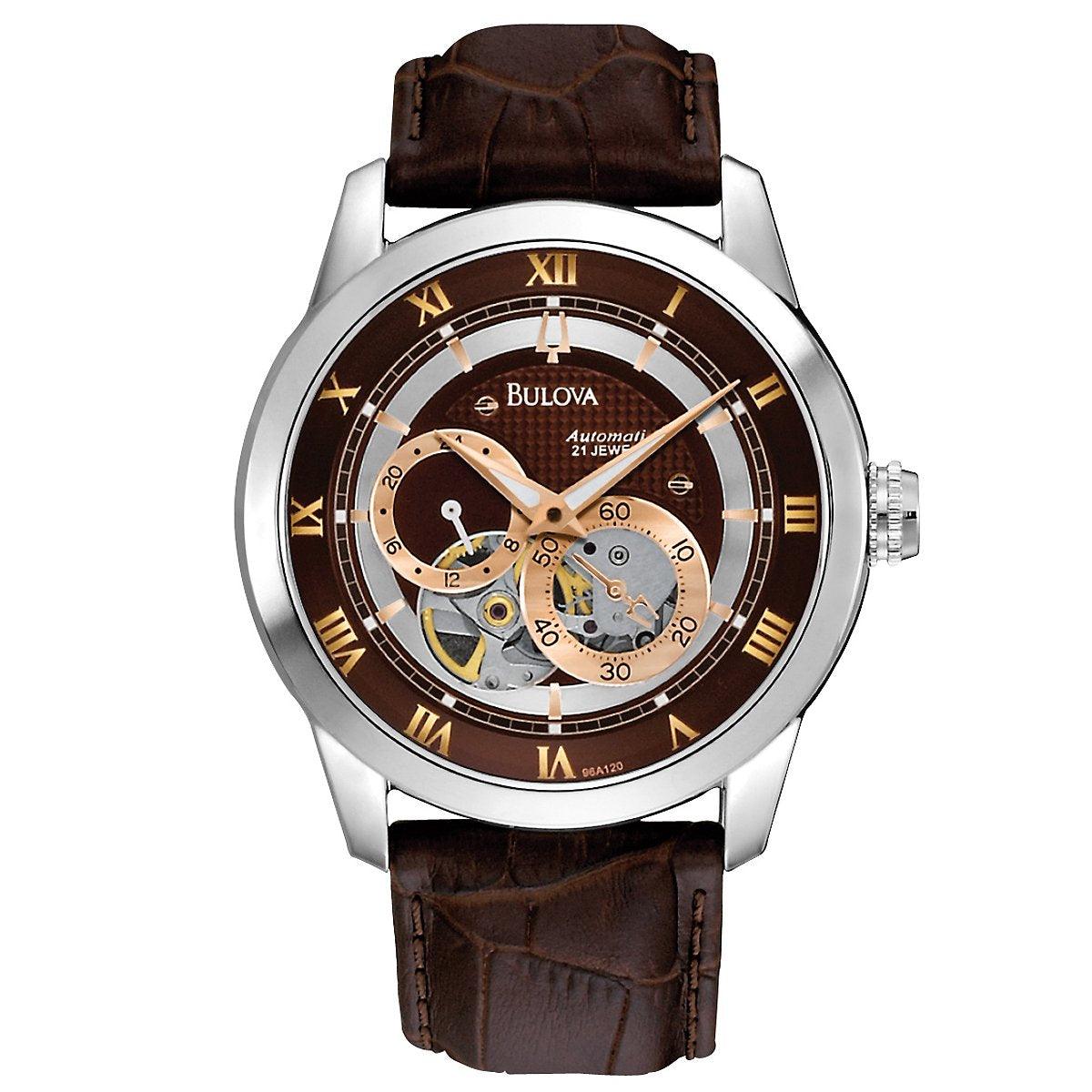 Bulova Men's Classic Sutton 4-Hand Automatic Watch, 24-Hour Sub Dial, Open Aperture, Self-Winding, Exhibition Caseback, Double Curved Mineral Crystal, Luminous Hands, 42mm