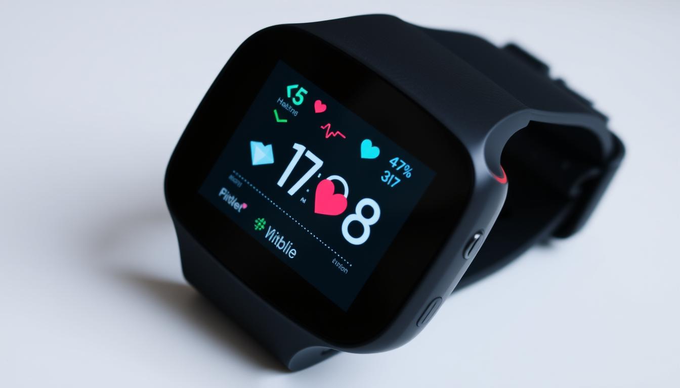 Fitbit Sense smartwatch displaying health metrics on its screen