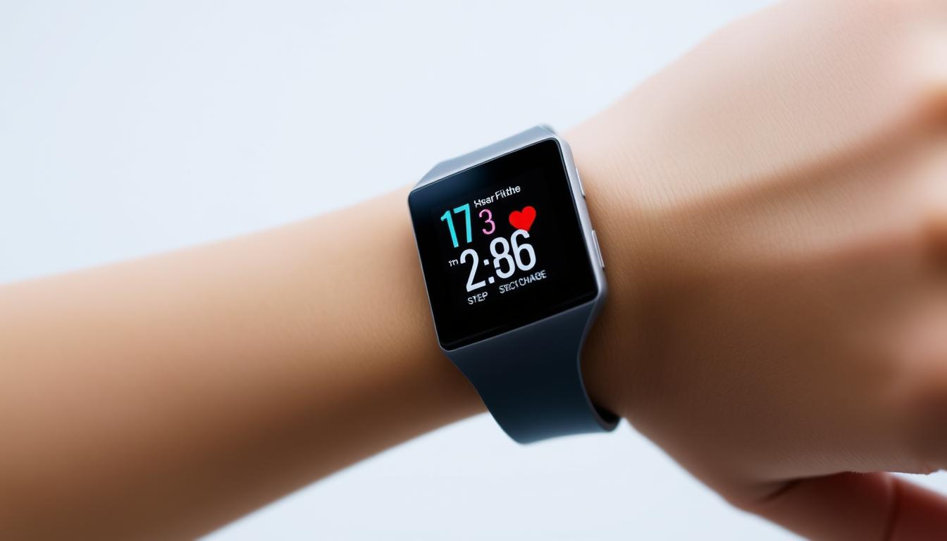 Fitbit Charge fitness tracker on wrist showing activity tracking screen