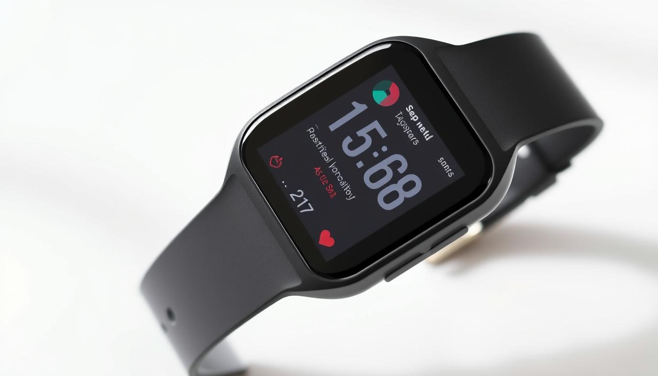 Fitbit Versa smartwatch displaying fitness stats on its screen with a person jogging in the background