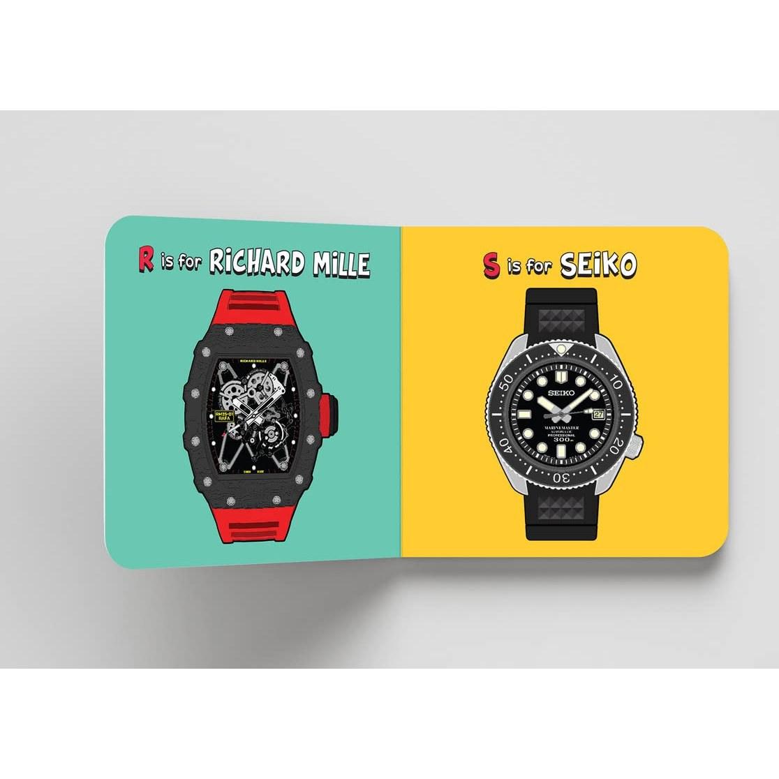 Libro infantil para coleccionistas de relojes ABC para el futuro: R es para Rolex, libro del alfabeto para adultos y niños, libro infantil de relojes divertidos, regalo de reloj para padres de Diaper Book Club