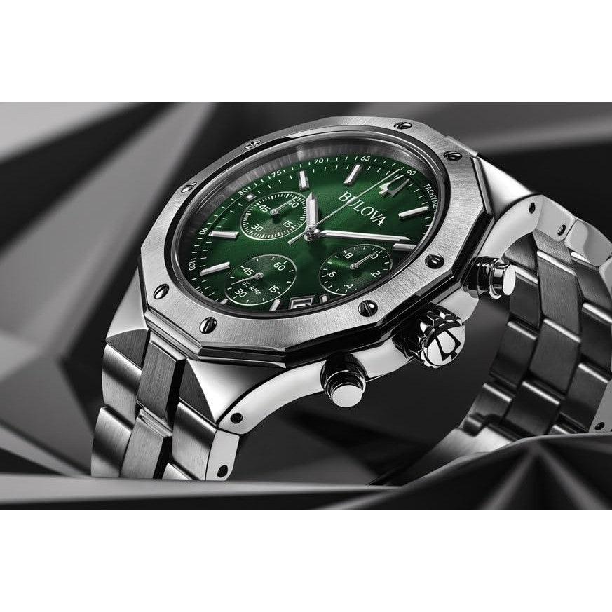 Bulova Men's Classic 6-Hand Chronograph High Performance Quartz Silver Stainless Steel Watch, Green Dial,Geometric Bezel 24 Hour Time, 44mm, Style:96B409