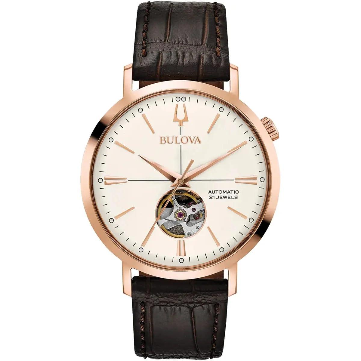 Montre Bulova Classic Aerojet pour homme, automatique à 3 aiguilles, bracelet en cuir, guichet ouvert, réserve de marche de 40 heures, verre minéral doublement incurvé, 41 mm