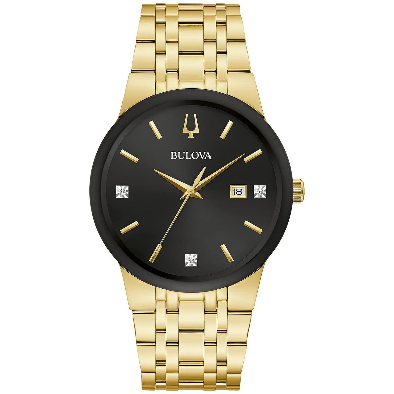 Montre à quartz Bulova pour homme en acier inoxydable doré moderne avec calendrier et date à 3 aiguilles, cadran diamant