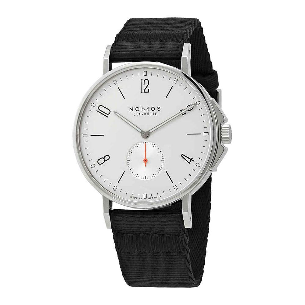 Reloj automático Nomos AHOI con esfera blanca y tejido negro para hombre 555