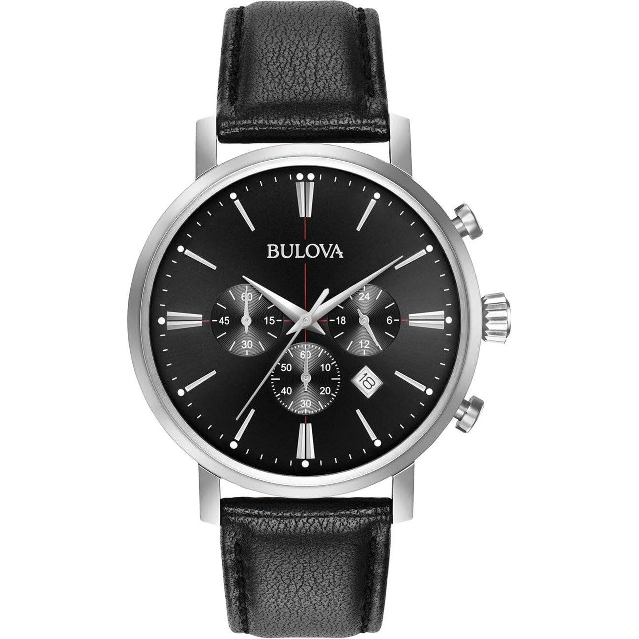 Bulova Men's Classic Aerojet Stainless Steel 6-Hand Chronograph Watch with Black Leather Strap, 41mm Style: 96B262