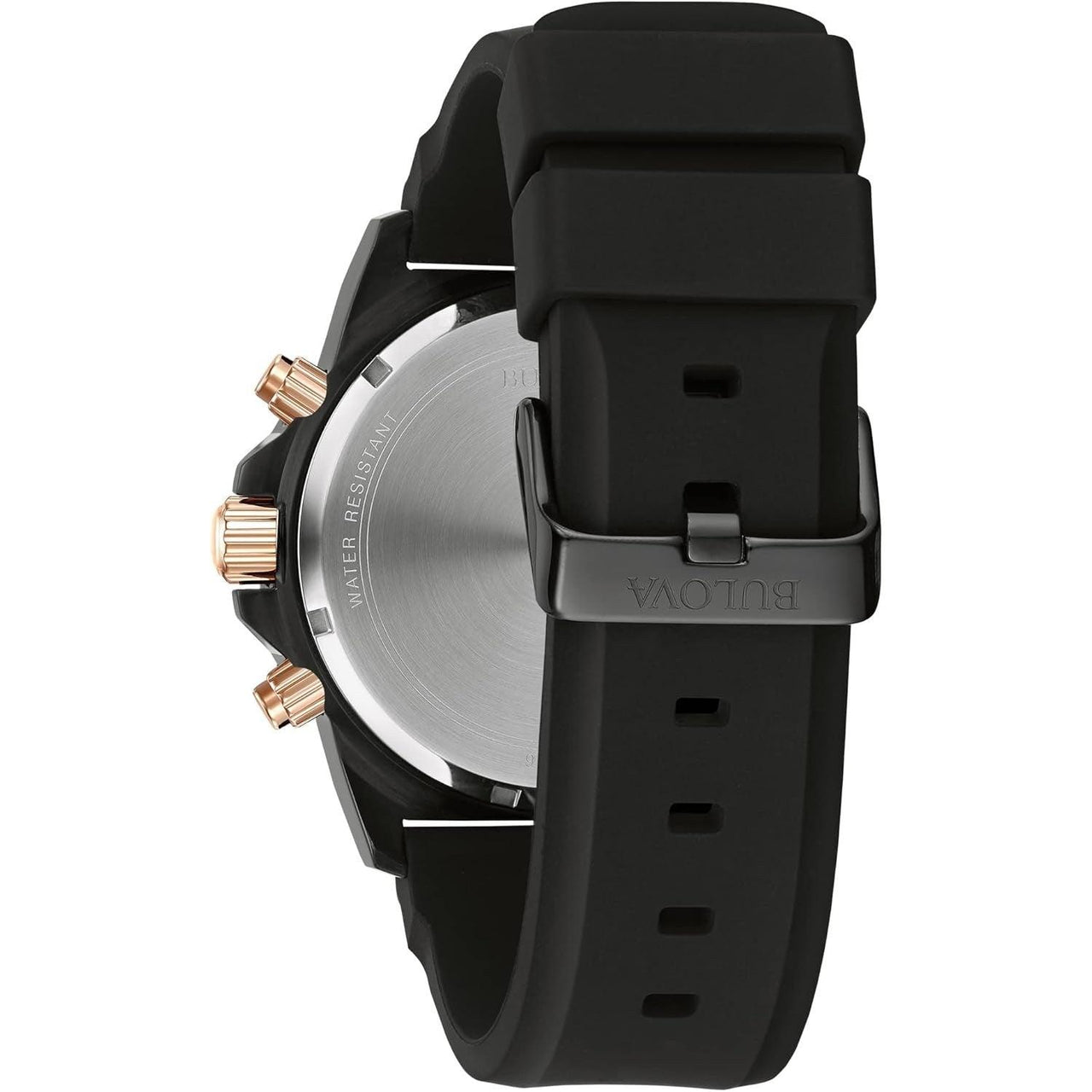 Reloj cronógrafo de cuarzo de acero inoxidable con revestimiento iónico, de 6 manecillas y correa de silicona negra, de Bulova, serie Marine Star para hombre, color negro y dorado, estilo: 98B307 