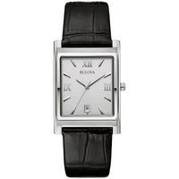 Thumbnail for Bulova Men's Stainless Steel 3-Hand Calendar Date Quartz Watch with Black Leather Strap, Rectangle Dial Style: 96B107