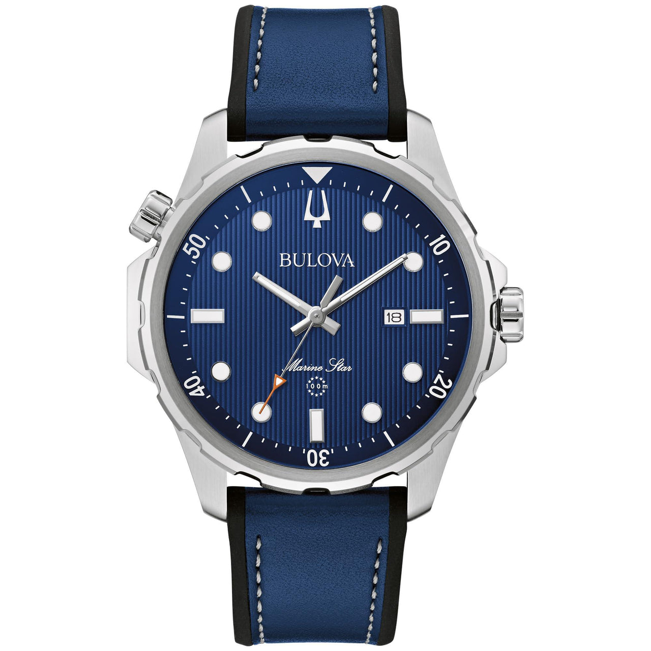 Reloj de cuarzo Bulova Marine Star para hombre, de acero inoxidable plateado, correa de piel y silicona, resistente al agua hasta 100 m, 43 mm