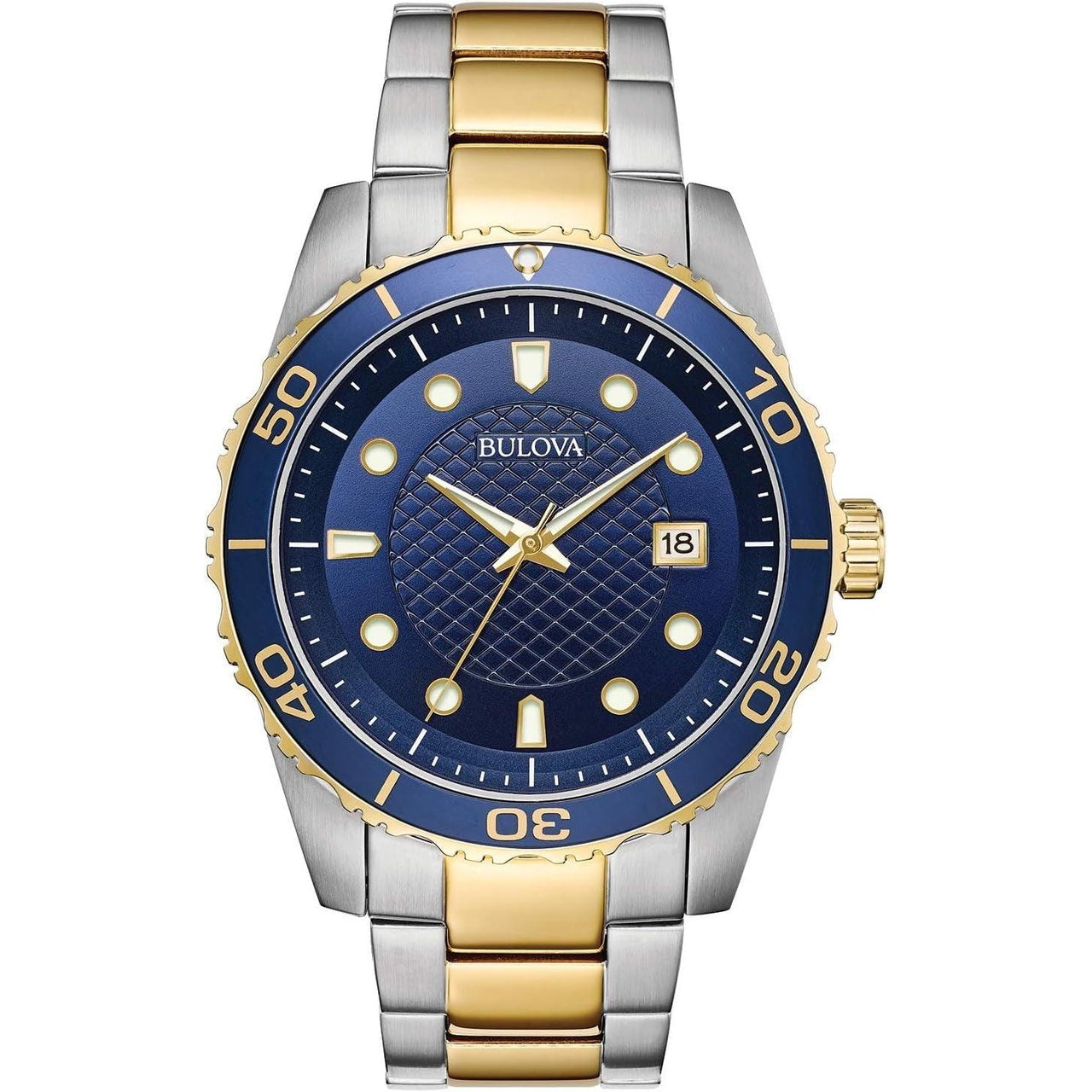 Montre à quartz classique Bulova bicolore en acier inoxydable à 3 aiguilles avec date et calendrier, cadran bleu Style : 98A200