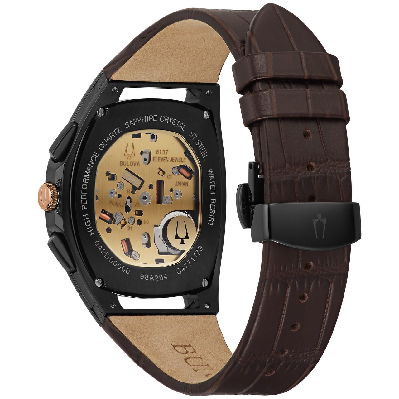 Bulova Men's CURV High Performance Quartz Black and Rose Gold-Tone Stainless Tonneau Shape Case,Brown Leather Strap Watch, 5-Hand Chronograph, Sapphire Crystal Style: 98A264