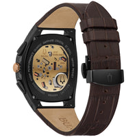 Thumbnail for Montre à quartz haute performance Bulova CURV pour homme, boîtier en acier inoxydable ton or rose et noir, bracelet en cuir marron, chronographe à 5 aiguilles, verre saphir, modèle 98A264