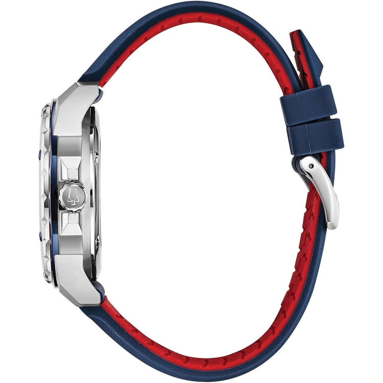 Montre automatique pour homme Bulova Marine Star « Série A » avec boîtier en acier inoxydable et bracelet en silicone texturé bleu, ouverture ouverte, cadran blanc argenté Modèle : 98A225