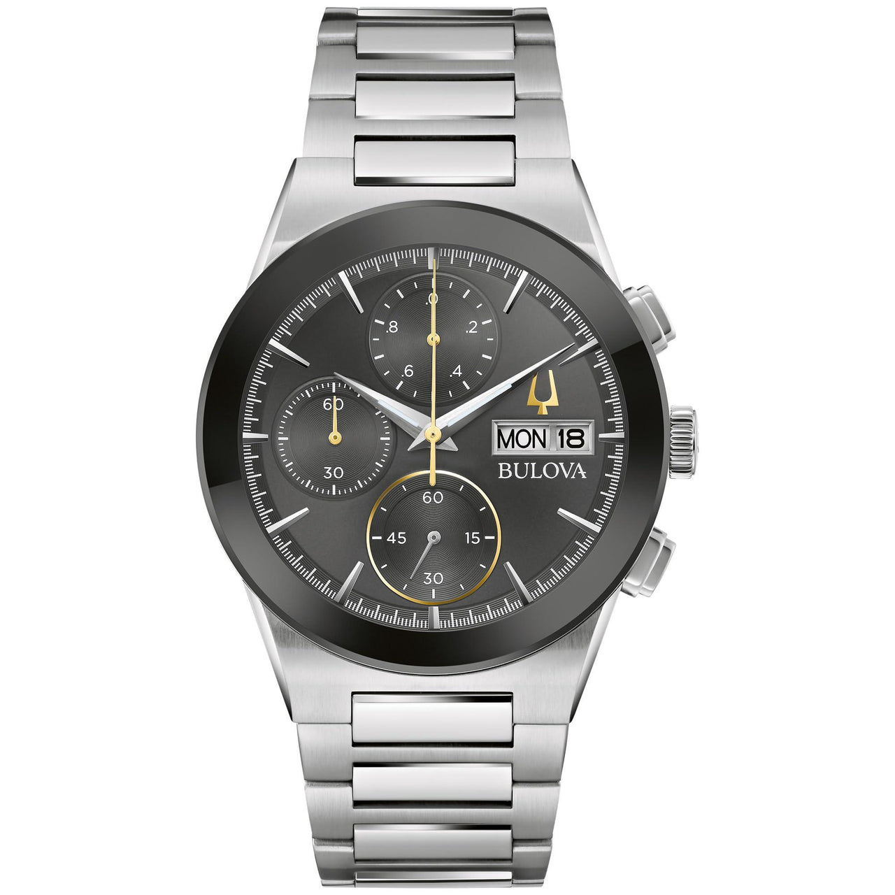 Reloj cronógrafo de cuarzo de acero inoxidable con seis manecillas, cronógrafo Millenia moderno de Bulova para hombre, día/fecha, cristal de borde a borde, 41 mm