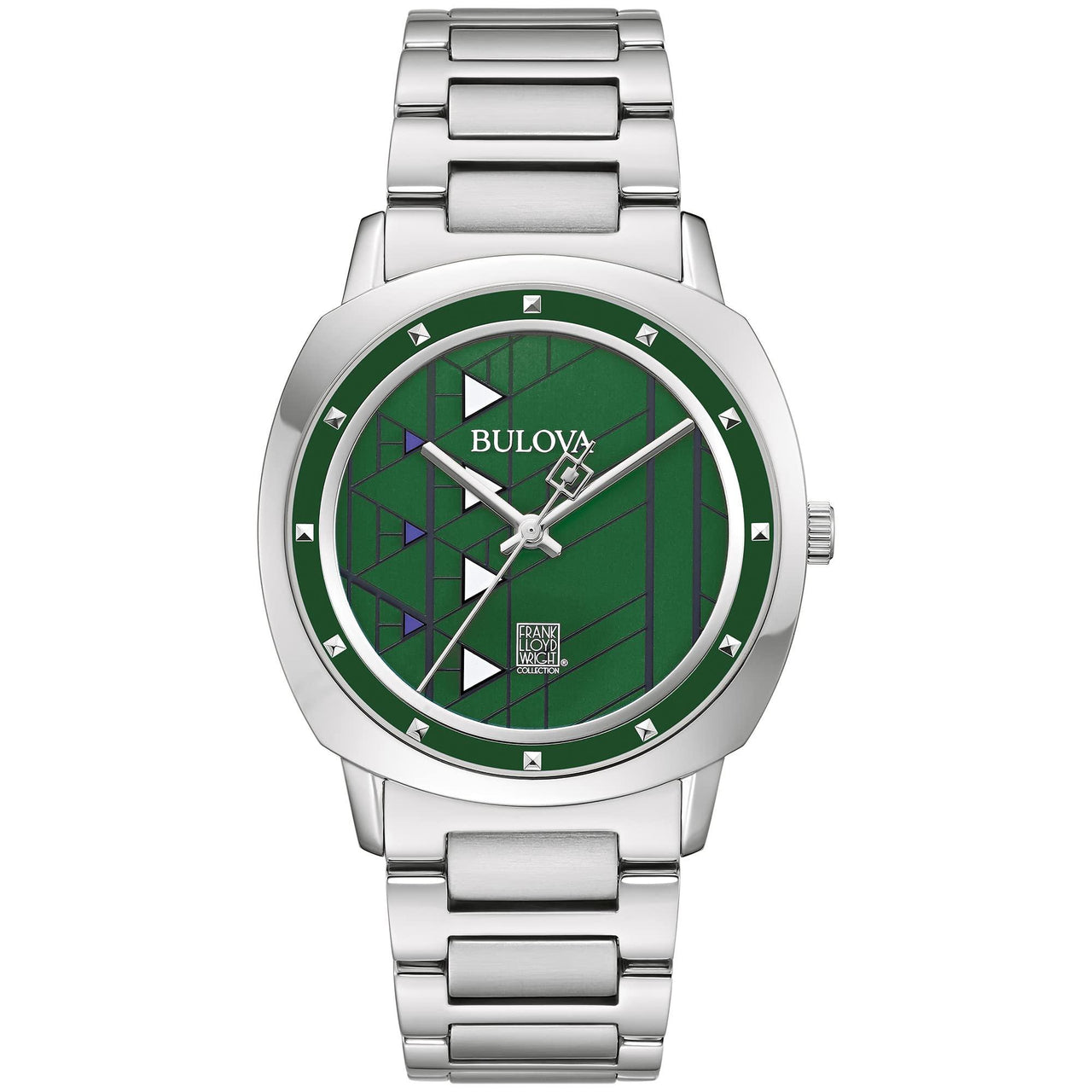 Montre Bulova pour homme Frank Lloyd Wright Hollyhock House en acier inoxydable à 3 aiguilles, bracelet en cuir marron et cadran vert Style : 96A286