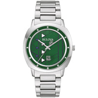 Thumbnail for Montre Bulova pour homme Frank Lloyd Wright Hollyhock House en acier inoxydable à 3 aiguilles, bracelet en cuir marron et cadran vert Style : 96A286