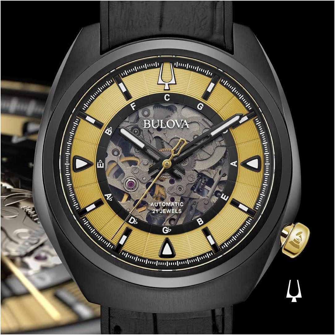 Bulova Grammy Montre automatique pour homme en acier inoxydable avec bracelet en cuir noir et caoutchouc FKM, noir (modèle : 98A241)