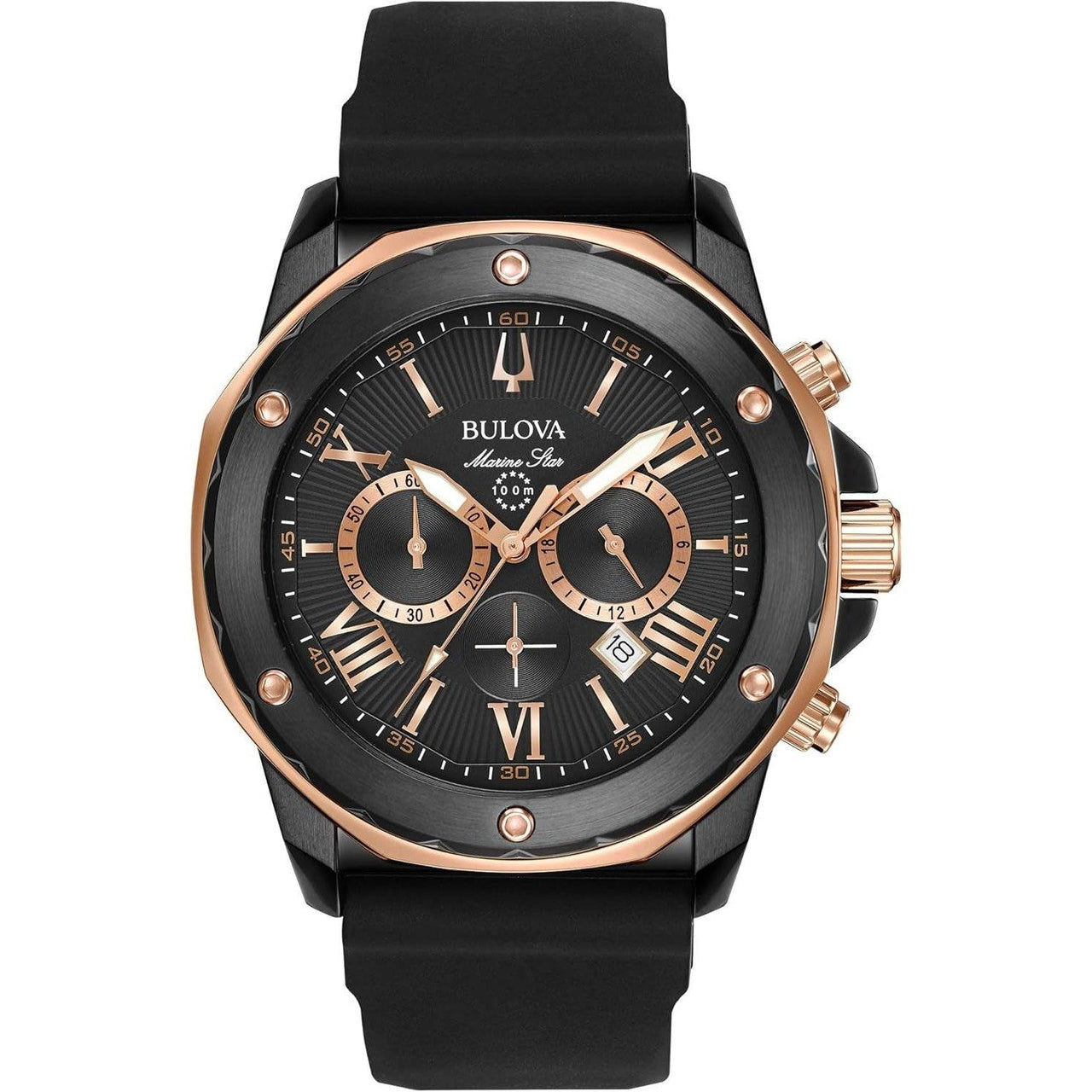 Montre chronographe à quartz Bulova Marine Star Series A pour homme en acier inoxydable plaqué ionique noir et or, bracelet en silicone noir, modèle : 98B307 