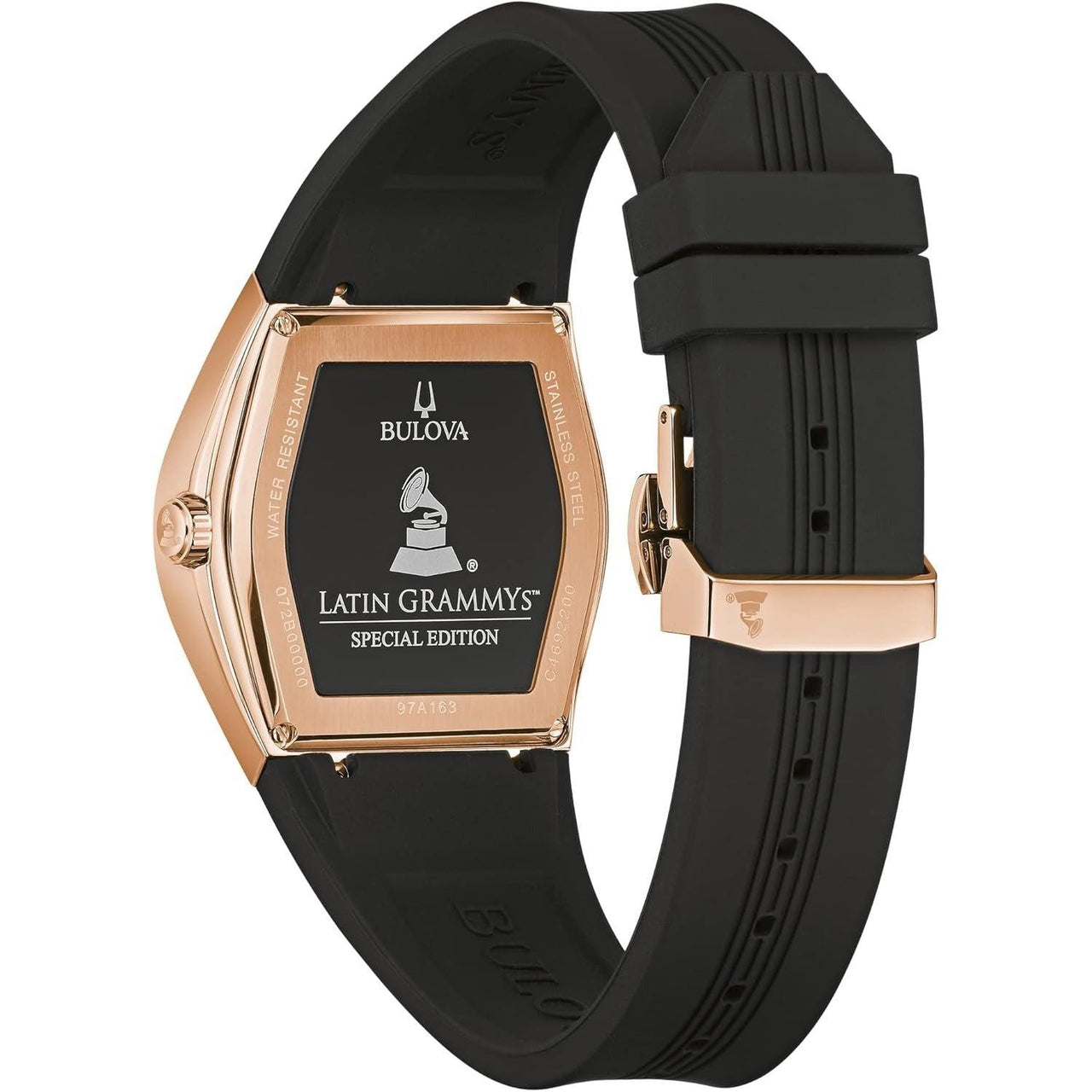 Montre Bulova Latin Grammy Gemini à quartz avec accents en acier inoxydable or rose et cristal minéral incurvé et bracelet en silicone noir pour homme