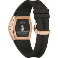 Thumbnail for Montre Bulova Latin Grammy Gemini à quartz avec accents en acier inoxydable or rose et cristal minéral incurvé et bracelet en silicone noir pour homme