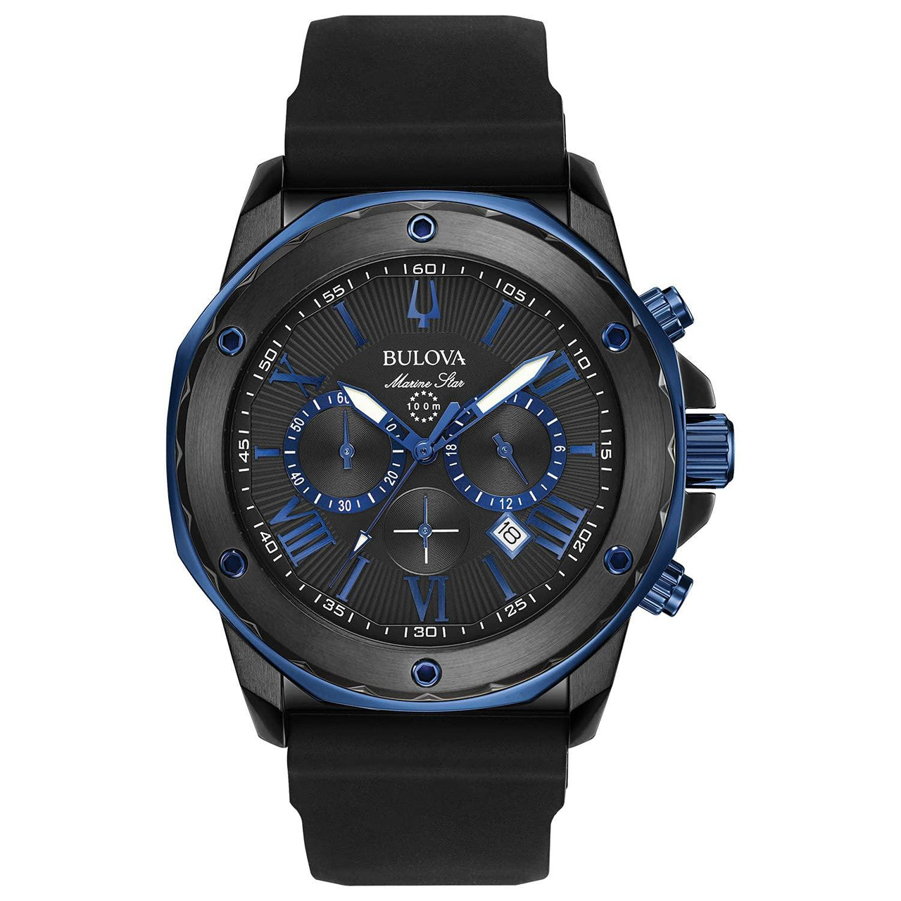 Montre chronographe à quartz Bulova Marine Star Series A pour homme en acier inoxydable plaqué ionique noir et bleu, bracelet en silicone noir, 40 mm Style : 98B308