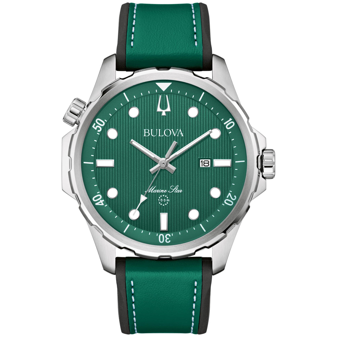 Reloj de cuarzo Bulova Marine Star para hombre, de acero inoxidable plateado, correa de piel y silicona, resistente al agua hasta 100 m, 43 mm