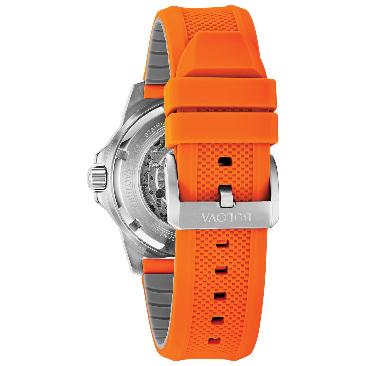 Montre automatique Bulova Marine Star « Série A » pour homme avec bracelet en silicone orange Modèle : 98A226