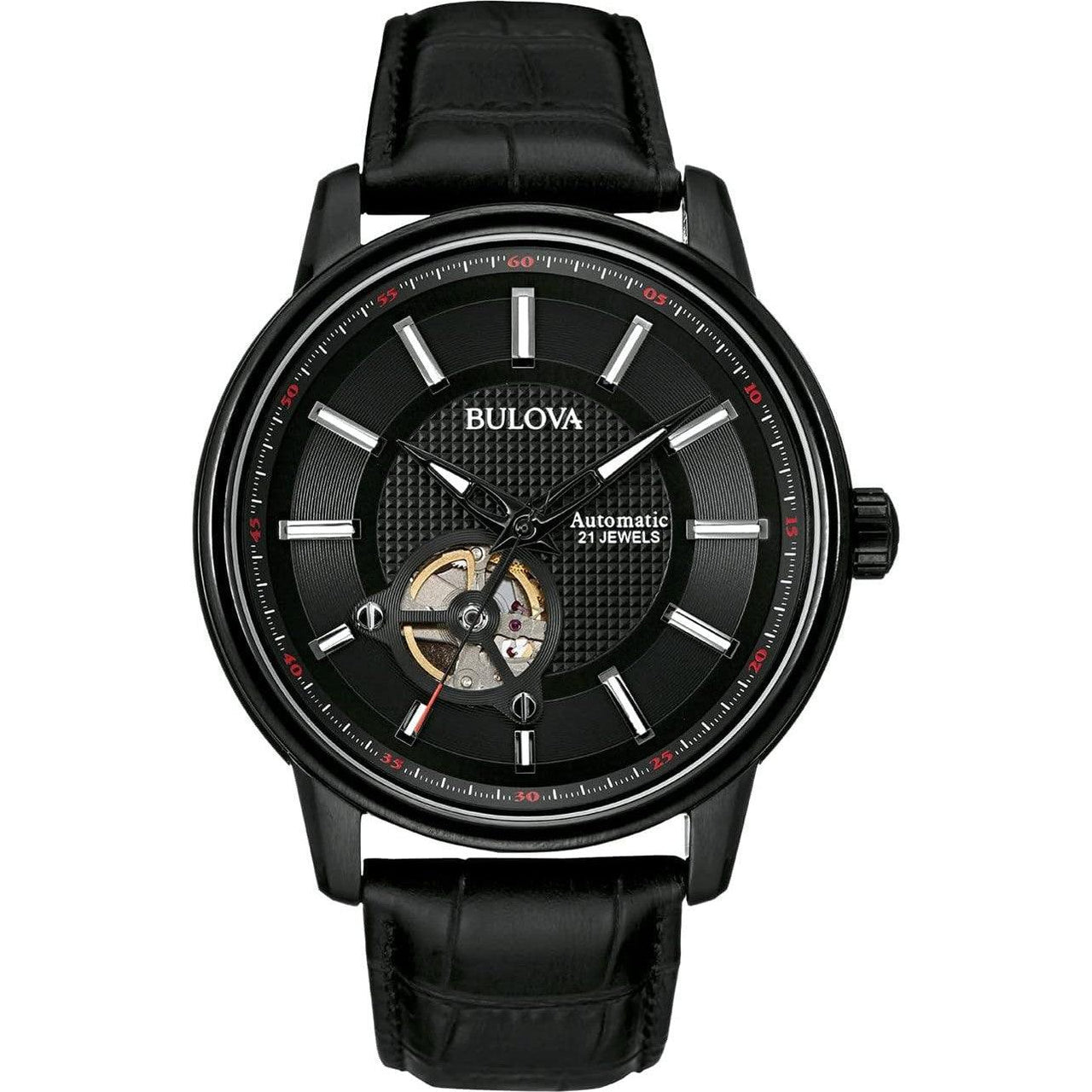 Reloj automático de cuero para hombre Bulova, 21 joyas, función de bloqueo, manecillas y marcadores luminosos, apertura abierta, 45 mm