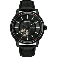 Thumbnail for Bulova Men's Automatic Leather Watch, 21 Jewels, Hack Feature, Luminous Hands/Markers, Open Aperture, 45mm