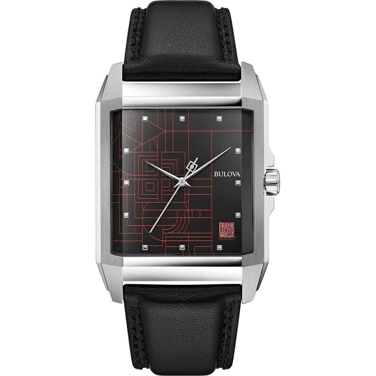 Bulova Frank Lloyd Wright 'December Gifts' Stainless Steel 3-Hand Quartz Dial, Black Leather Strap Style: 96A223