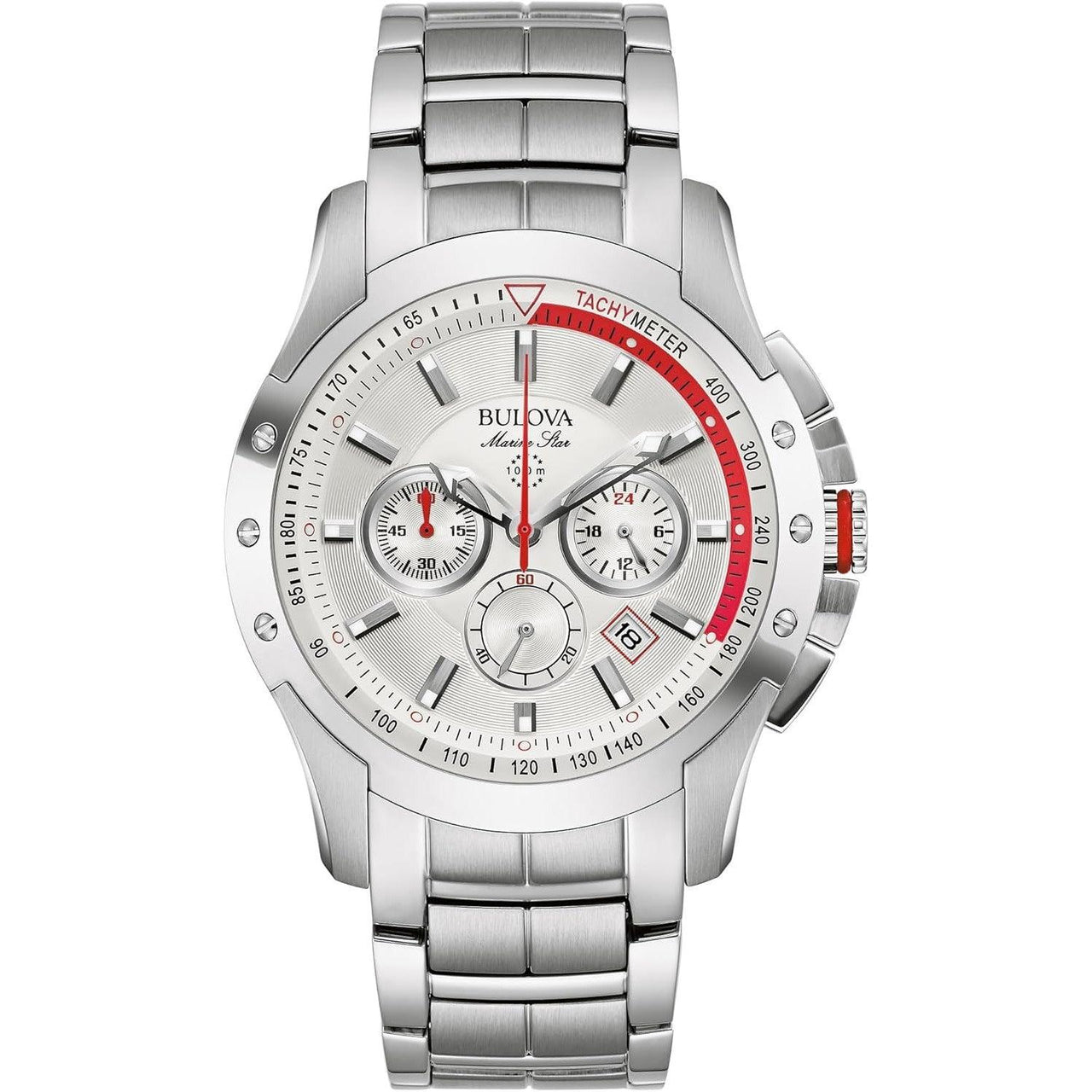 Montre chronographe à quartz Bulova Marine Star pour homme, cadran blanc argenté, en acier inoxydable, 6 aiguilles (modèle : 96B383)