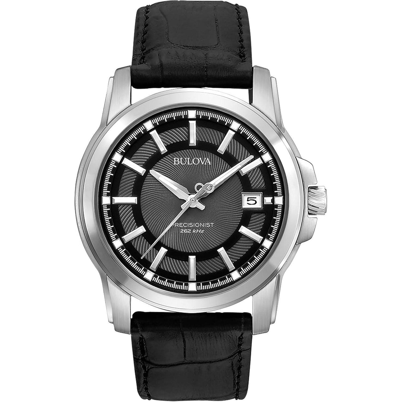 Reloj de hombre Bulova Precisionist con calendario de tres manecillas en acero inoxidable, correa de piel negra y esfera estampada en negro. Estilo: 96B158