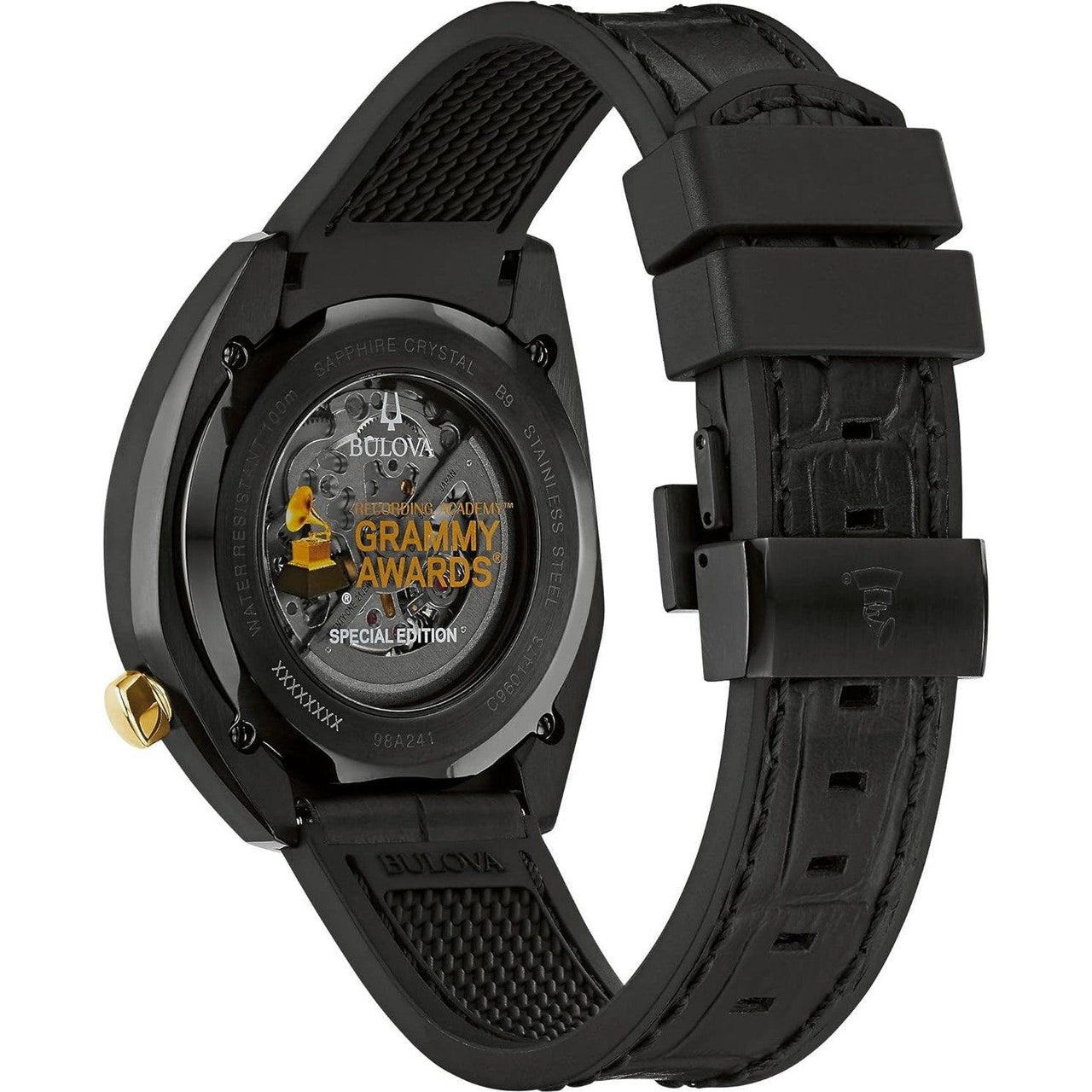 Bulova Grammy Montre automatique pour homme en acier inoxydable avec bracelet en cuir noir et caoutchouc FKM, noir (modèle : 98A241)