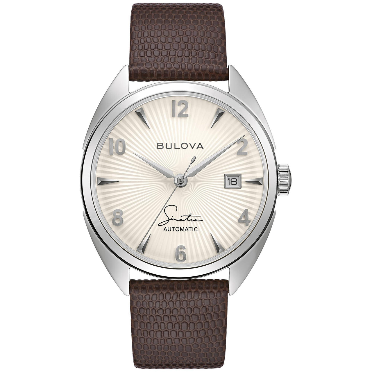 Bulova Men's Frank Sinatra 'Fly Me to The Moon' Automatic Stainless Steel Case Watch, Textured Leather Strap, 42 Hour Power Reserve, 3 Hand