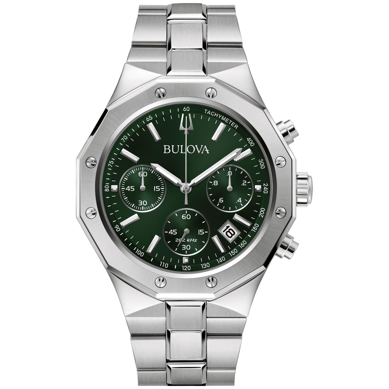 Bulova Men's Classic 6-Hand Chronograph High Performance Quartz Silver Stainless Steel Watch, Green Dial,Geometric Bezel 24 Hour Time, 44mm, Style:96B409