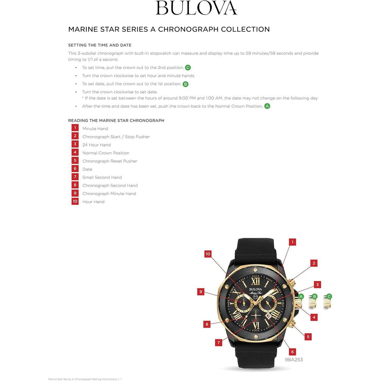 Reloj cronógrafo de cuarzo de acero inoxidable con revestimiento iónico, de 6 manecillas y correa de silicona negra, de Bulova, serie Marine Star para hombre, color negro y dorado, estilo: 98B307 