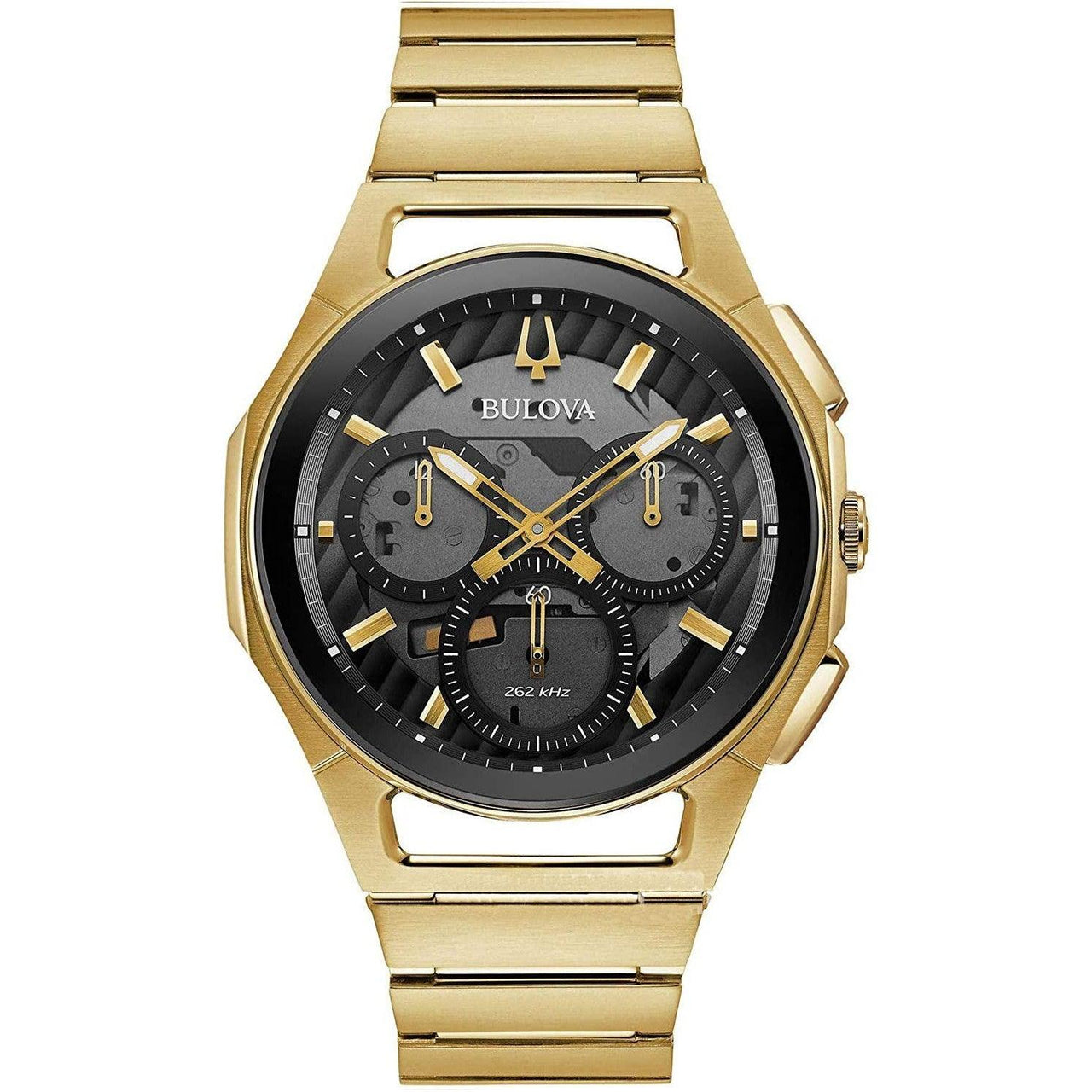 Bulova Men's CURV High Performance Quartz Stainless Steel Watch, 5-Hand Chronograph, Sapphire Crystal, Luminous Hands, Gold-Tone/Black Dial