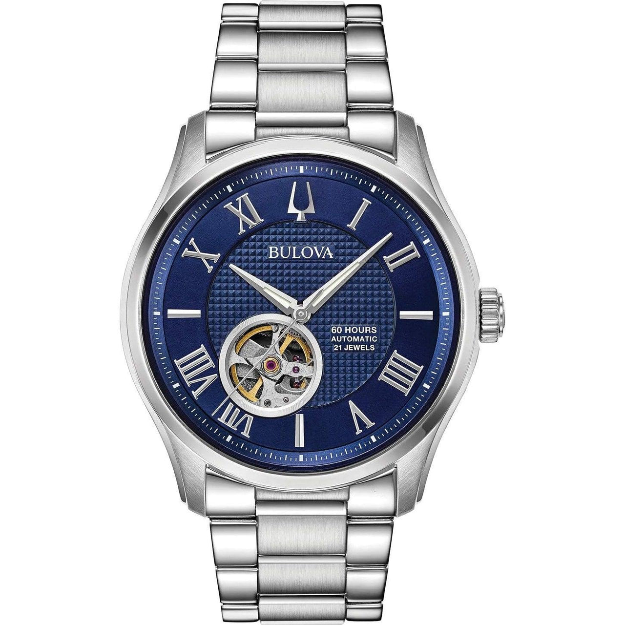 Bulova Men's Classic Wilton 3-Hand 21-Jewel Automatic Watch, 60 Hour Power Reserve, Luminous Hands, Open Aperture, Roman Numeral Markers Domed Sapphire Crystal, 43mm