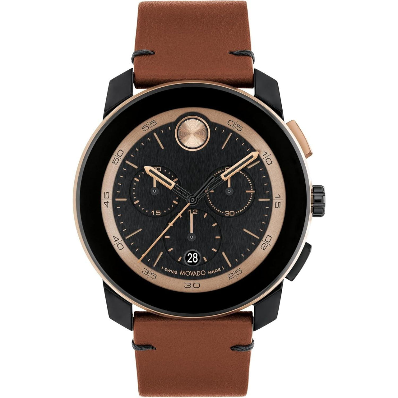 Reloj deportivo moderno Movado Bold TR90 para hombre - Fabricado en Suiza - Resistente al agua 3 ATM/30 metros - Reloj cronógrafo de pulsera con correa de piel color coñac para él - 43,5 mm