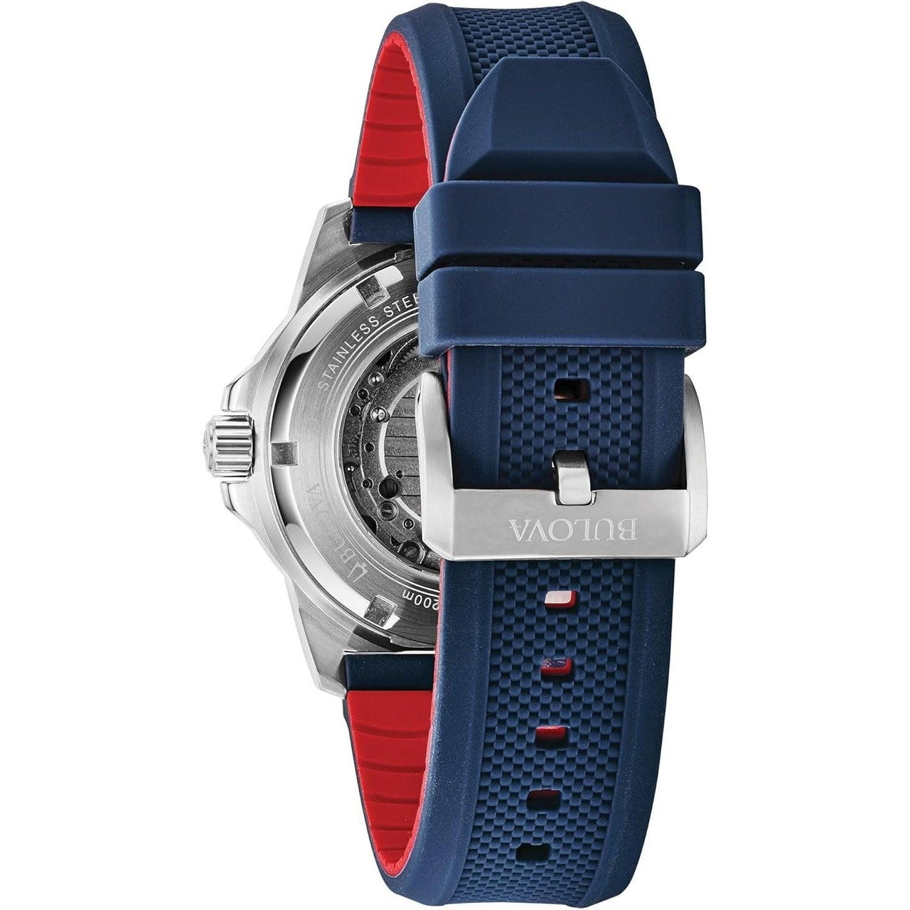 Montre automatique pour homme Bulova Marine Star « Série A » avec boîtier en acier inoxydable et bracelet en silicone texturé bleu, ouverture ouverte, cadran blanc argenté Modèle : 98A225