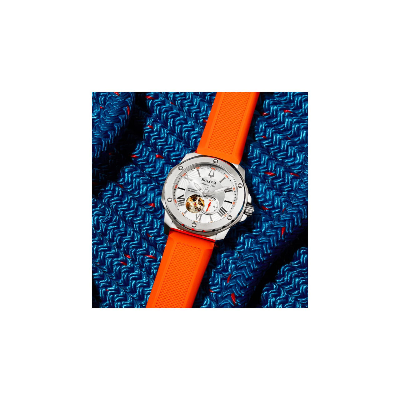 Montre automatique Bulova Marine Star « Série A » pour homme avec bracelet en silicone orange Modèle : 98A226