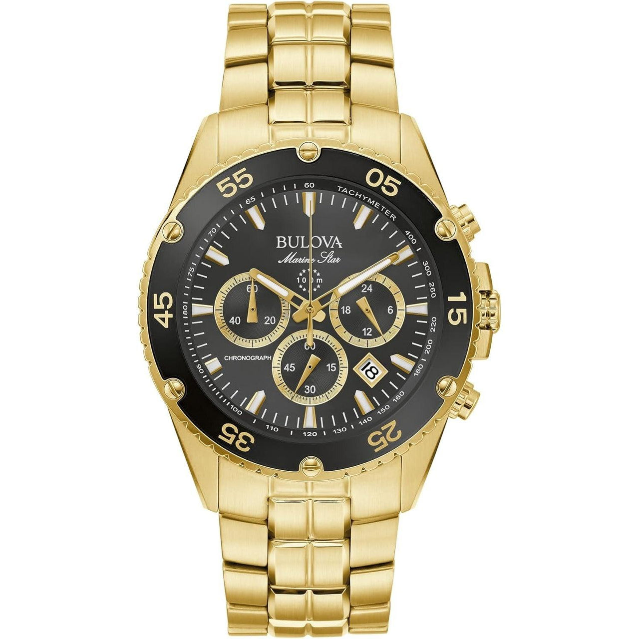 Montre chronographe Bulova Marine Star Gold pour homme en acier inoxydable, cadran noir Style : 98B406 