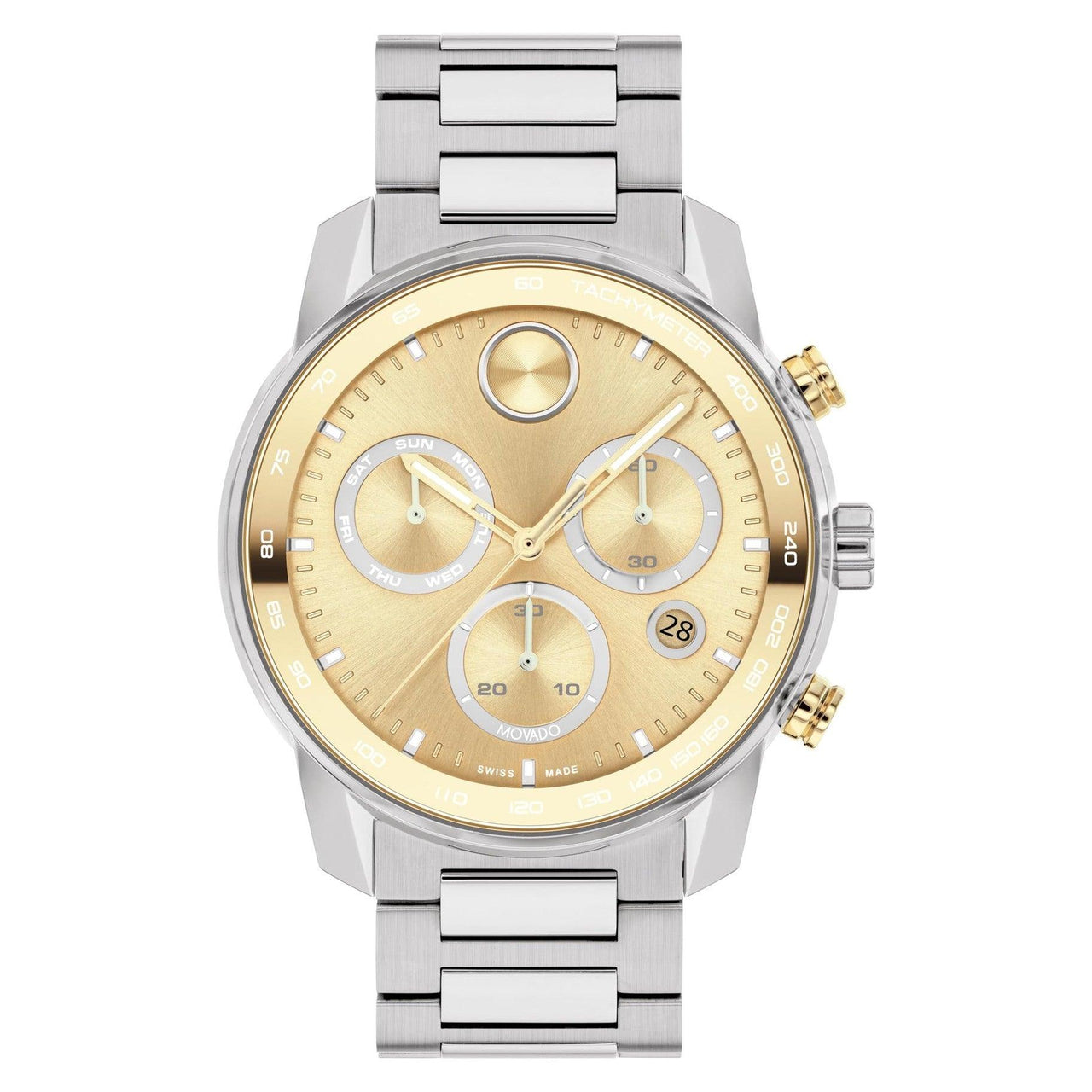 Movado Bold Verso Men's Sport Watch - Swiss Quartz Chronograph Movement, Stainless Steel Link Bracelet - 5 ATM Water Resistance - Luxury Fashion Timepiece for Him - 44mm