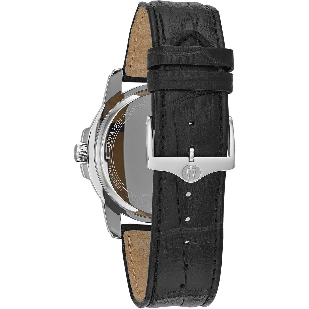 Reloj de hombre Bulova Precisionist con calendario de tres manecillas en acero inoxidable, correa de piel negra y esfera estampada en negro. Estilo: 96B158