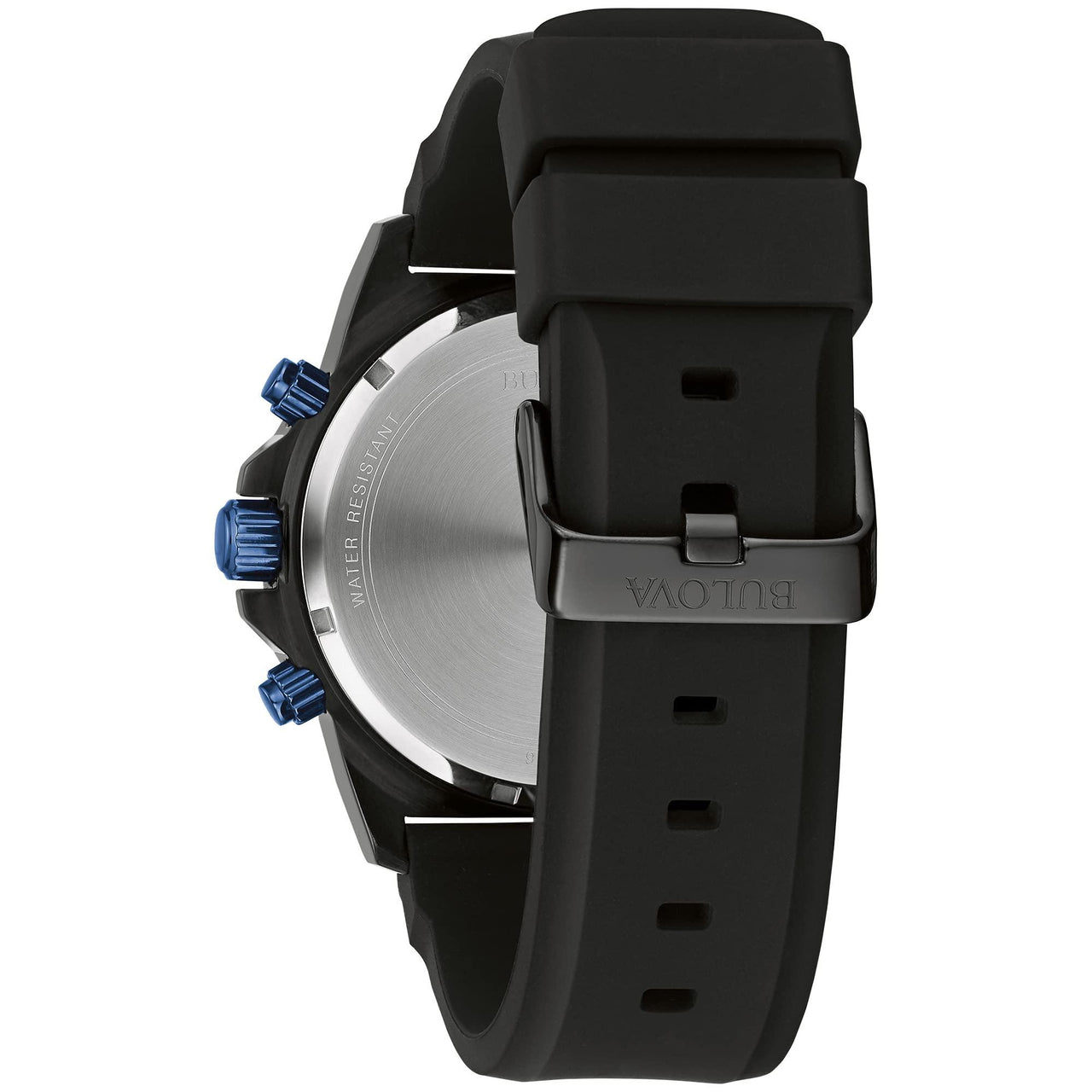 Montre chronographe à quartz Bulova Marine Star Series A pour homme en acier inoxydable plaqué ionique noir et bleu, bracelet en silicone noir, 40 mm Style : 98B308