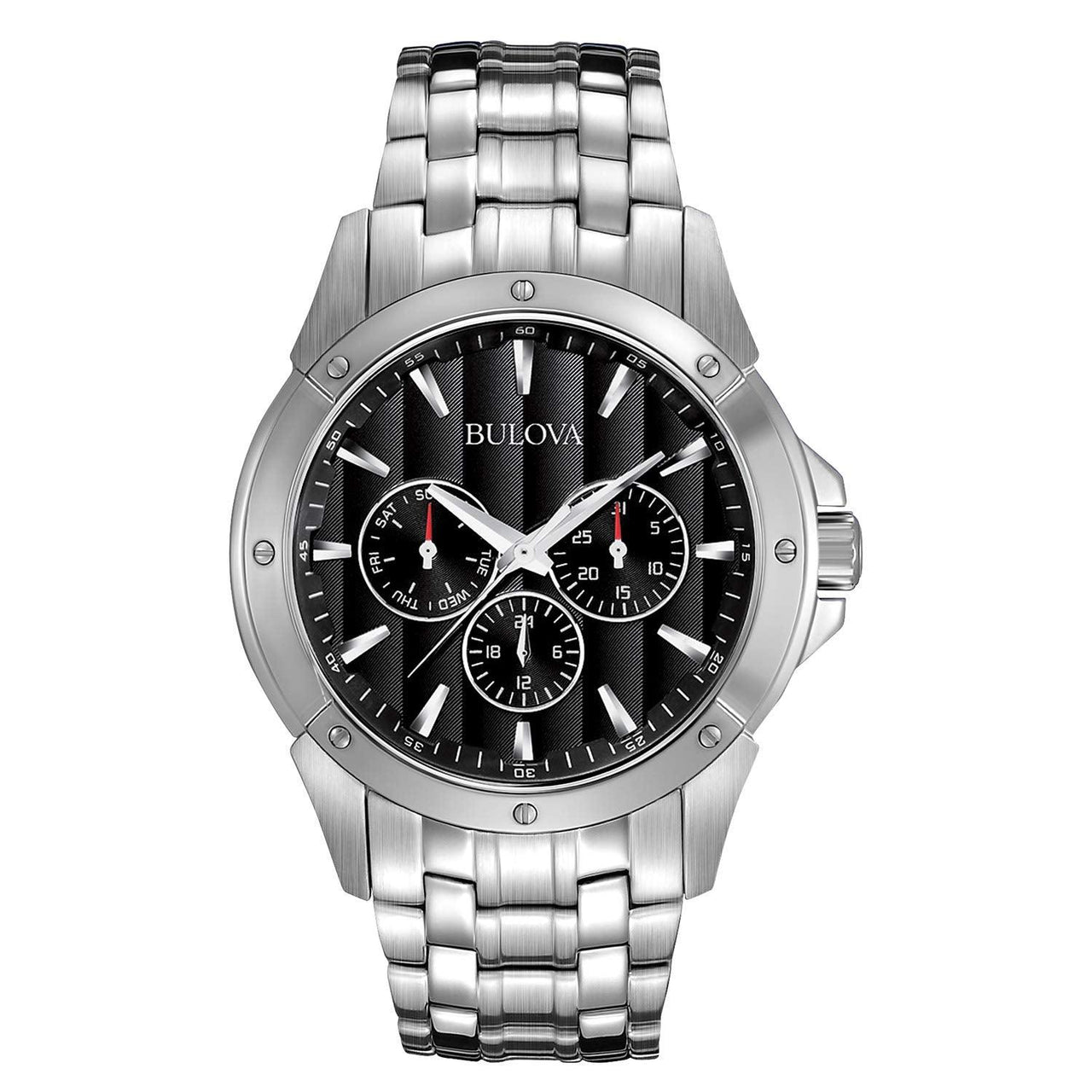 Bulova Men's Classic Dress 6-Hand Multi-Function Day/Date Quartz Watch, Black Patterned Dial, 43mm