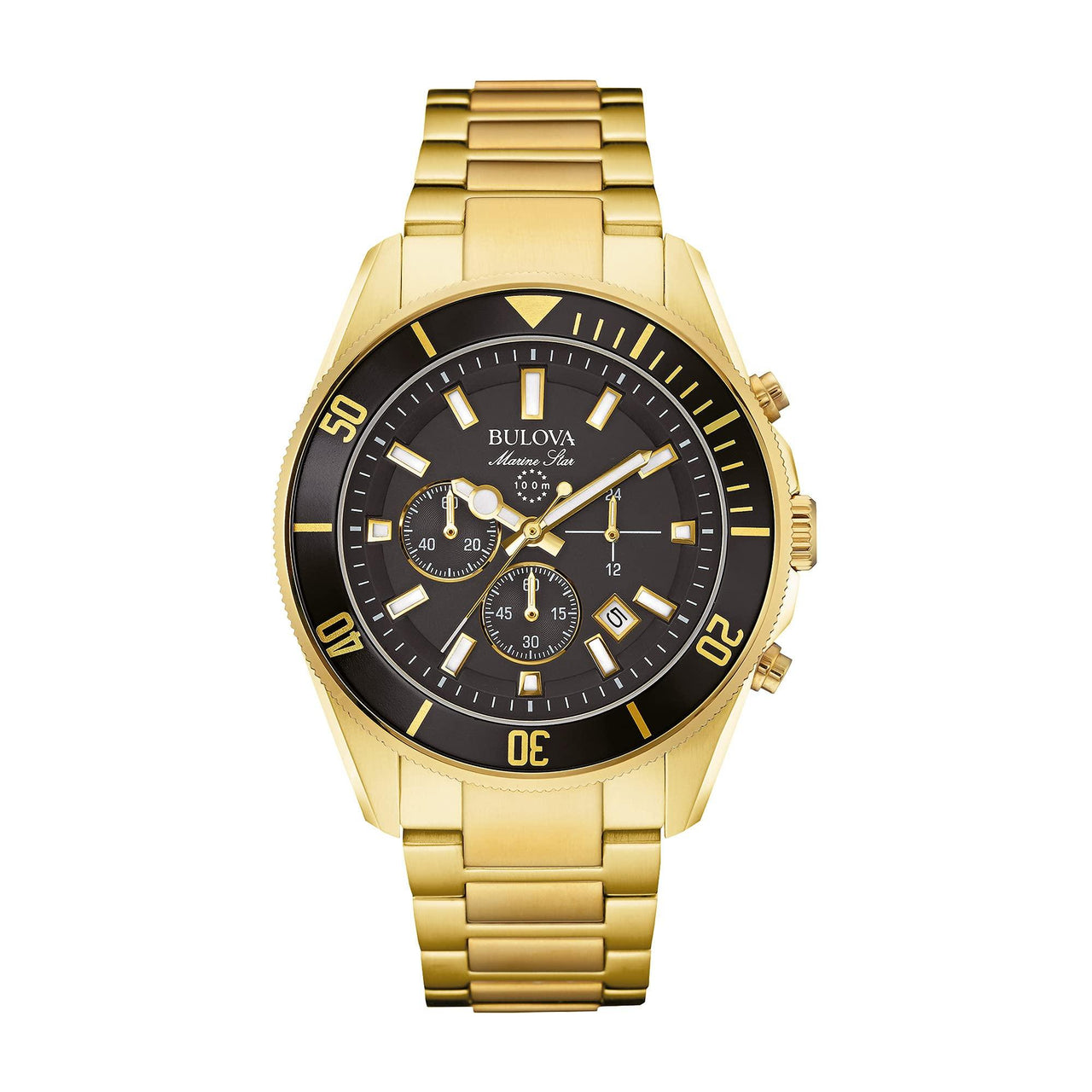 Montre chronographe à quartz Bulova Marine Star Series B pour homme en acier inoxydable doré à 6 aiguilles, cadran noir Style : 98B250