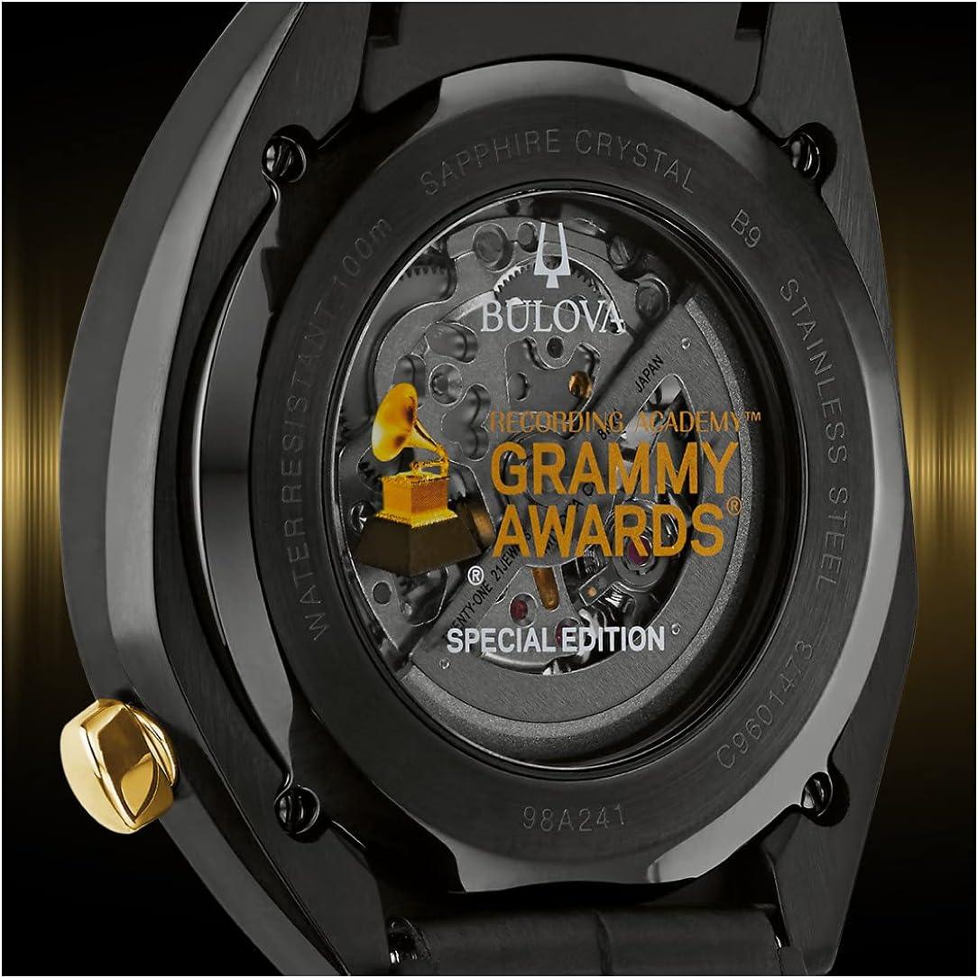 Reloj automático Bulova Grammy para hombre, de acero inoxidable, con correa de cuero negro y caucho FKM, color negro (modelo: 98A241)